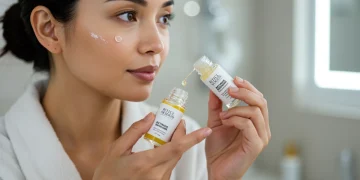 Woman carefully applying retinoid serum to her face for skincare routine