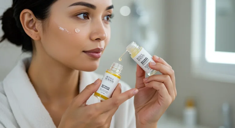Woman carefully applying retinoid serum to her face for skincare routine