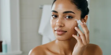 Woman applying serum for clear, balanced oily skin