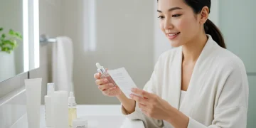 Woman examining skincare products on a vanity, focusing on product ingredients for an effective routine.
