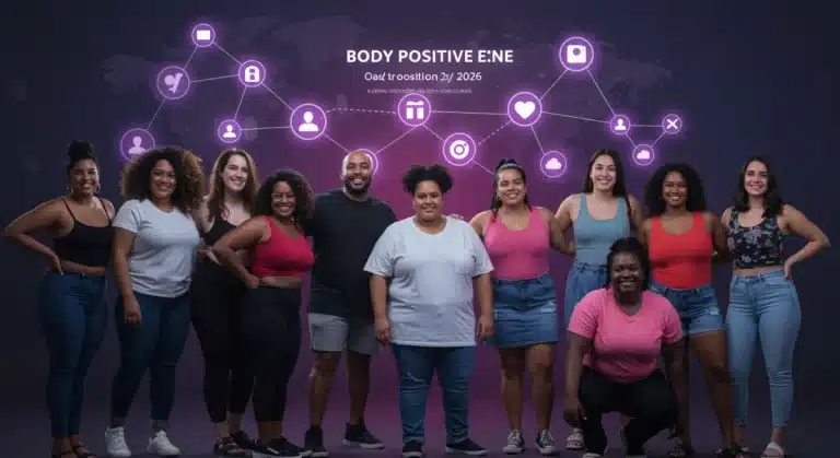 Diverse individuals celebrating body positivity on social media, reflecting the 2026 shift.