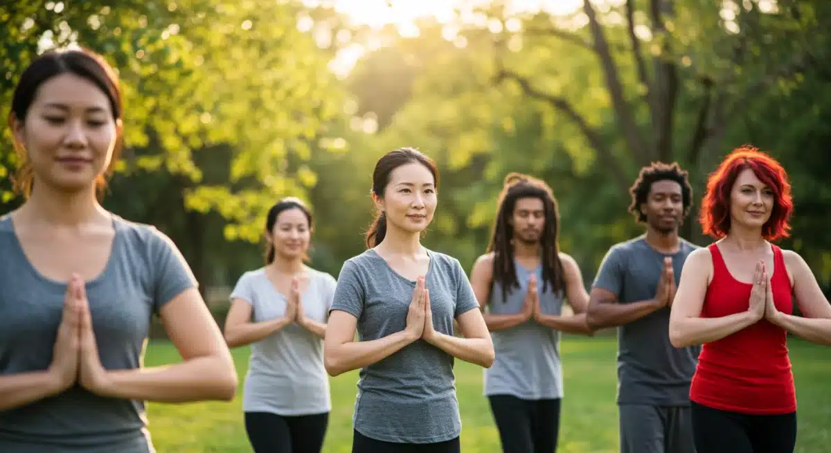 Diverse group engaging in outdoor mindfulness walk, fostering community well-being.