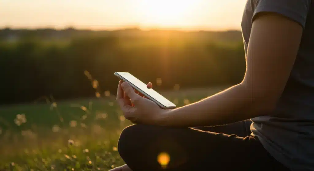 Person meditating outdoors, consciously detaching from digital devices for mental peace.
