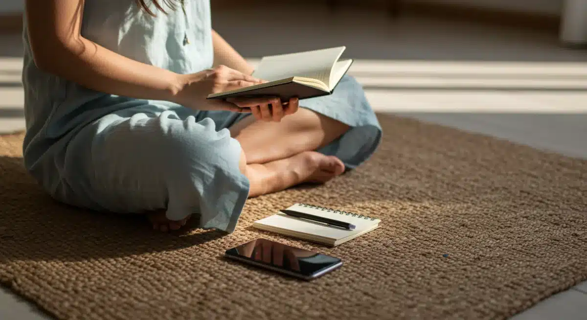 Mindful digital detox with journal and pen, promoting intentional disconnection.