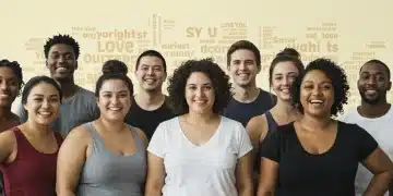 Diverse individuals celebrating body positivity and self-acceptance in a vibrant setting.