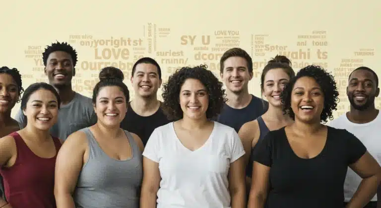 Diverse individuals celebrating body positivity and self-acceptance in a vibrant setting.