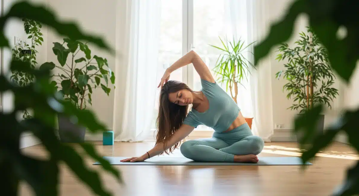 Individual performing mindful movement as part of a Sunday self-care routine.