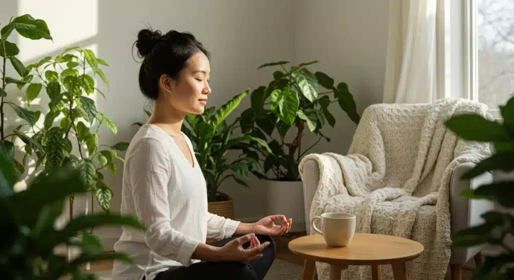 Person practicing mindful meditation on a Sunday morning, embracing new wellness trends.