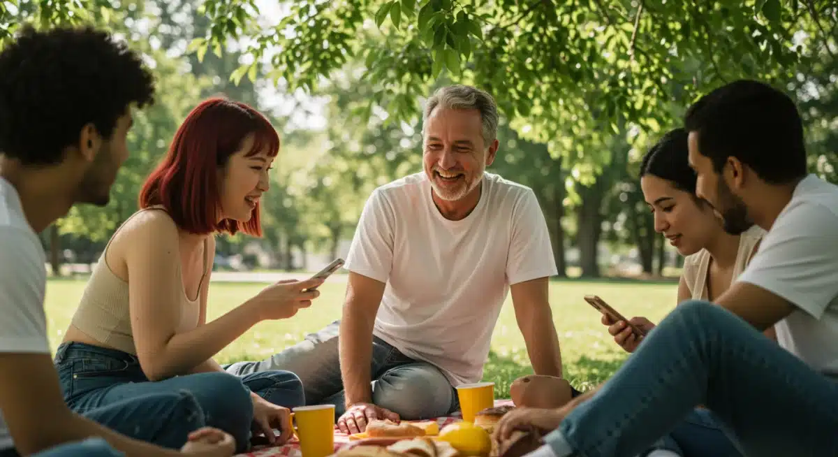 Friends laughing outdoors, enjoying human connection without digital devices.