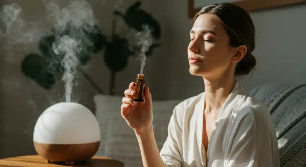 Woman relaxing with essential oil for Sunday aromatherapy