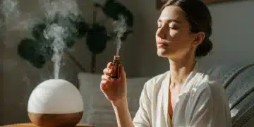 Woman relaxing with essential oil for Sunday aromatherapy