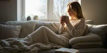 Woman enjoying a peaceful Sunday self-care ritual at home, surrounded by comfort.