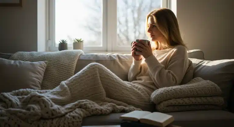 Woman enjoying a peaceful Sunday self-care ritual at home, surrounded by comfort.