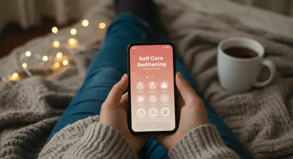 Woman using a Sunday self-care app on her phone in a cozy setting.