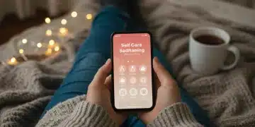 Woman using a Sunday self-care app on her phone in a cozy setting.