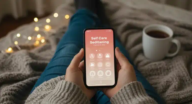 Woman using a Sunday self-care app on her phone in a cozy setting.