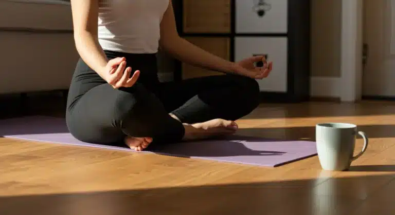 Woman meditating on Sunday morning, embodying self-care and relaxation