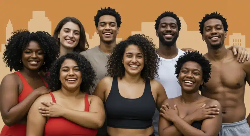 Diverse individuals celebrating body positivity in a vibrant US setting