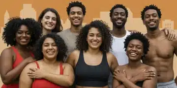 Diverse individuals celebrating body positivity in a vibrant US setting