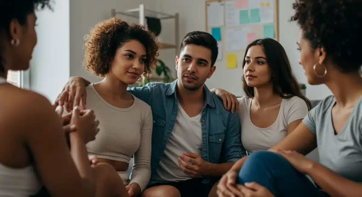 Diverse group engaging in positive affirmations and mutual support.