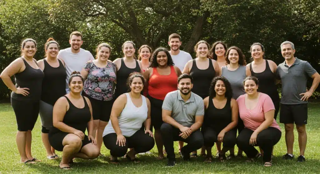 Diverse group smiling, embracing body positivity and self-acceptance