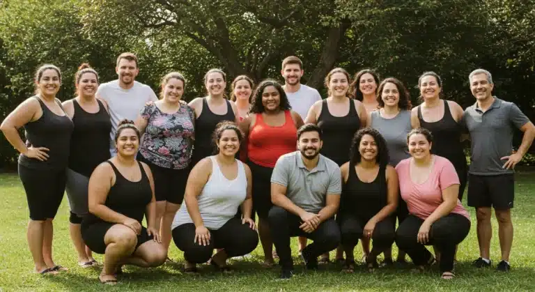 Diverse group smiling, embracing body positivity and self-acceptance