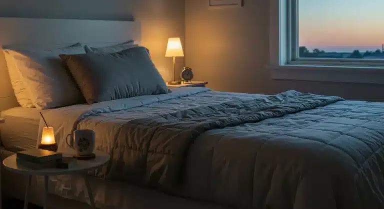 Serene bedroom with soft lighting for deep Sunday sleep