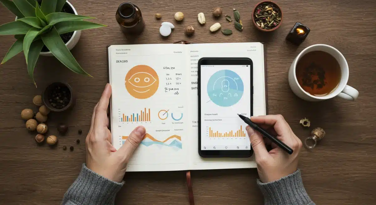 Person tracking emotional well-being with a journal and app.