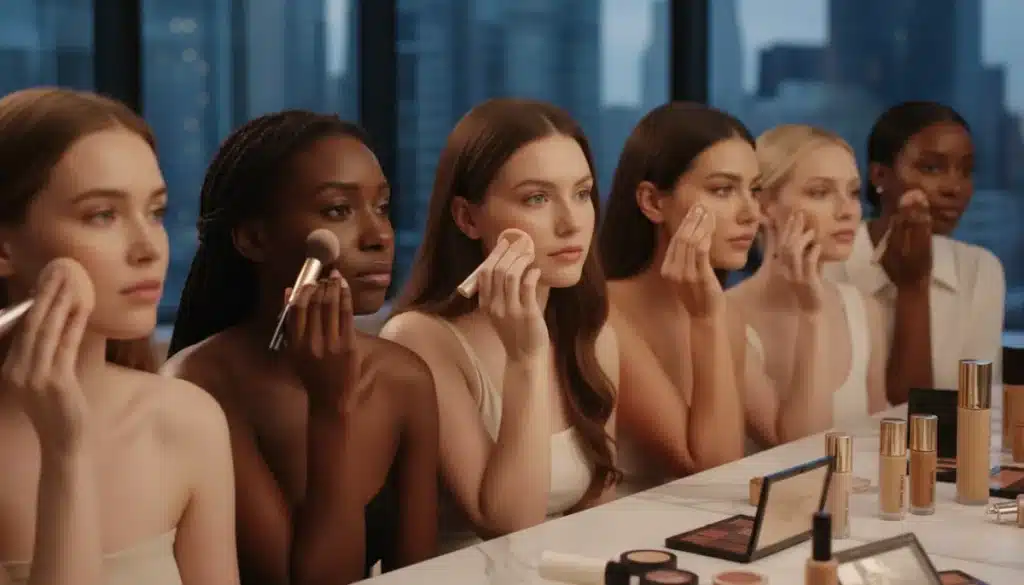Diverse women applying foundation, showcasing various skin tones and types.