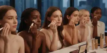 Diverse women applying foundation, showcasing various skin tones and types.