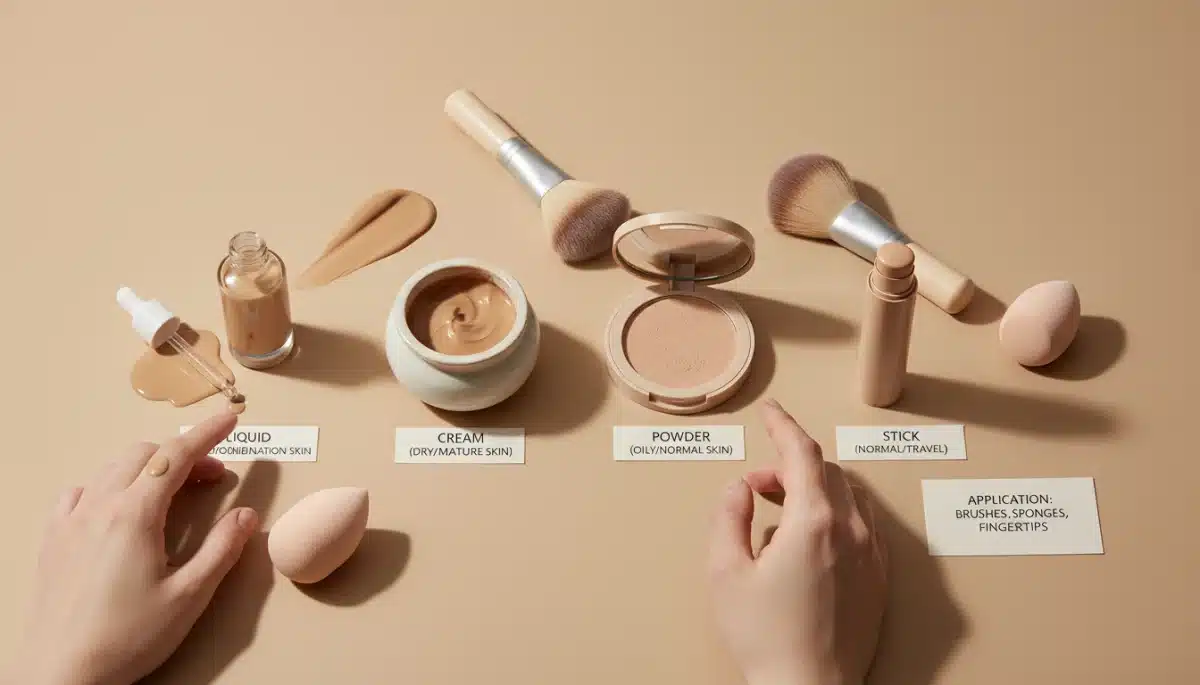 Variety of foundation textures and application tools for different skin types.