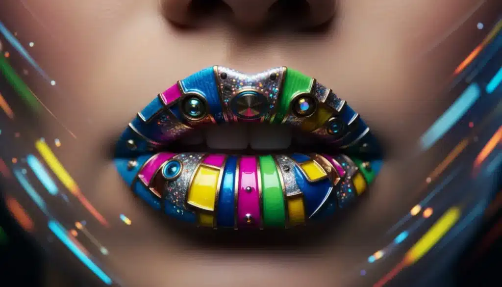 Futuristic lip art with metallic and geometric designs, showcasing bold statements for 2026