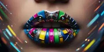 Futuristic lip art with metallic and geometric designs, showcasing bold statements for 2026