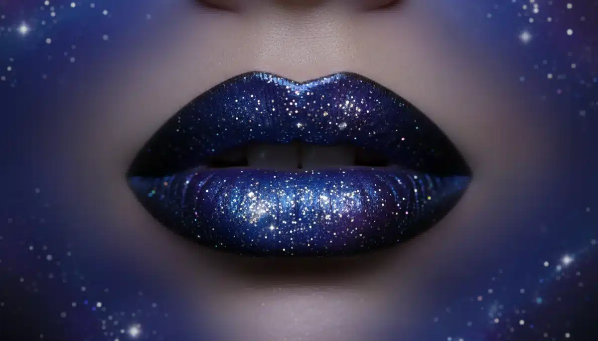 Model's lips with intricate galaxy-themed lip art, sparkling with glitter