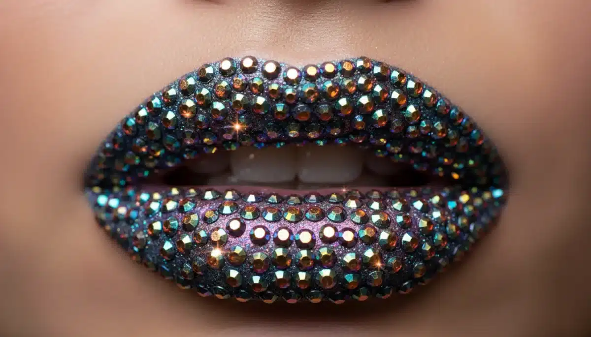 Close-up of lips adorned with sparkling gemstone lip art and iridescent rhinestones