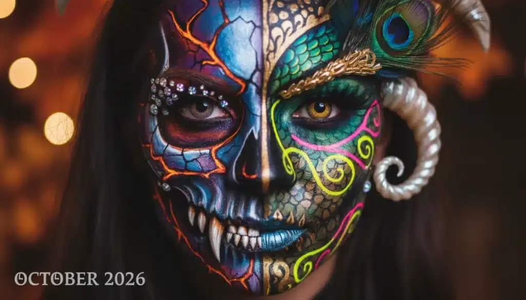 Vibrant Halloween makeup masterclass showcasing intricate skull design and dramatic effects for October 2026.