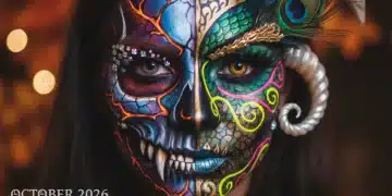 Vibrant Halloween makeup masterclass showcasing intricate skull design and dramatic effects for October 2026.