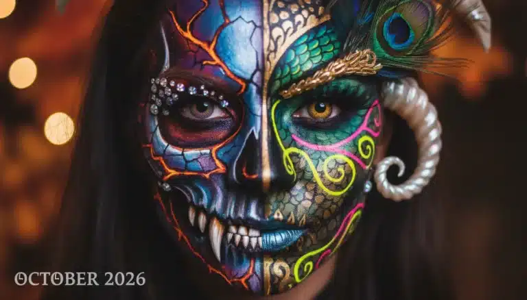 Vibrant Halloween makeup masterclass showcasing intricate skull design and dramatic effects for October 2026.