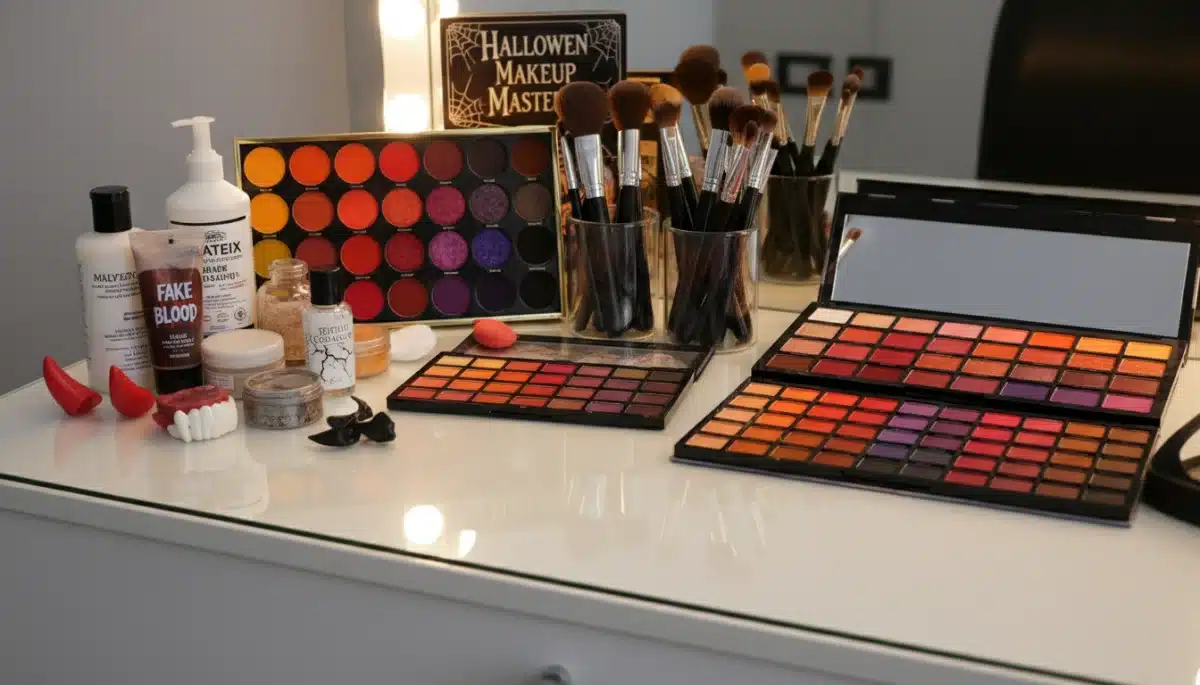 Professional Halloween makeup tools including brushes, palettes, and special effects products.