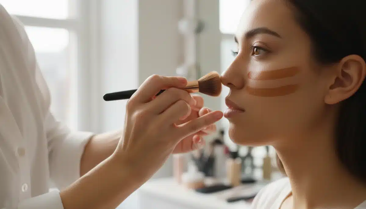 Makeup artist demonstrating cream contouring technique on a client's cheek.