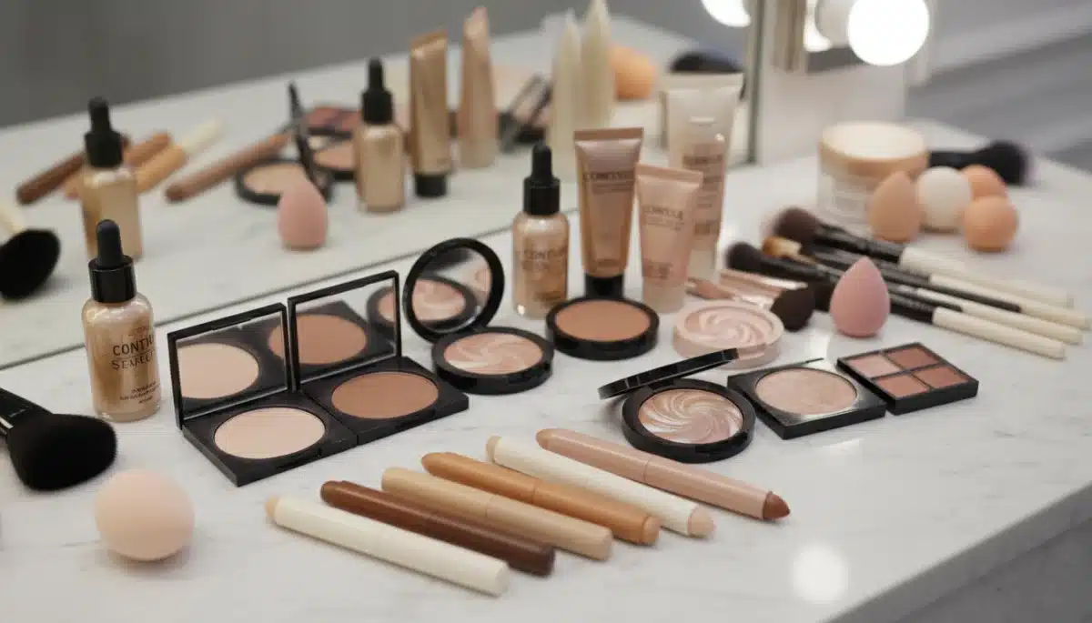 Assortment of contouring and highlighting makeup products on a vanity.