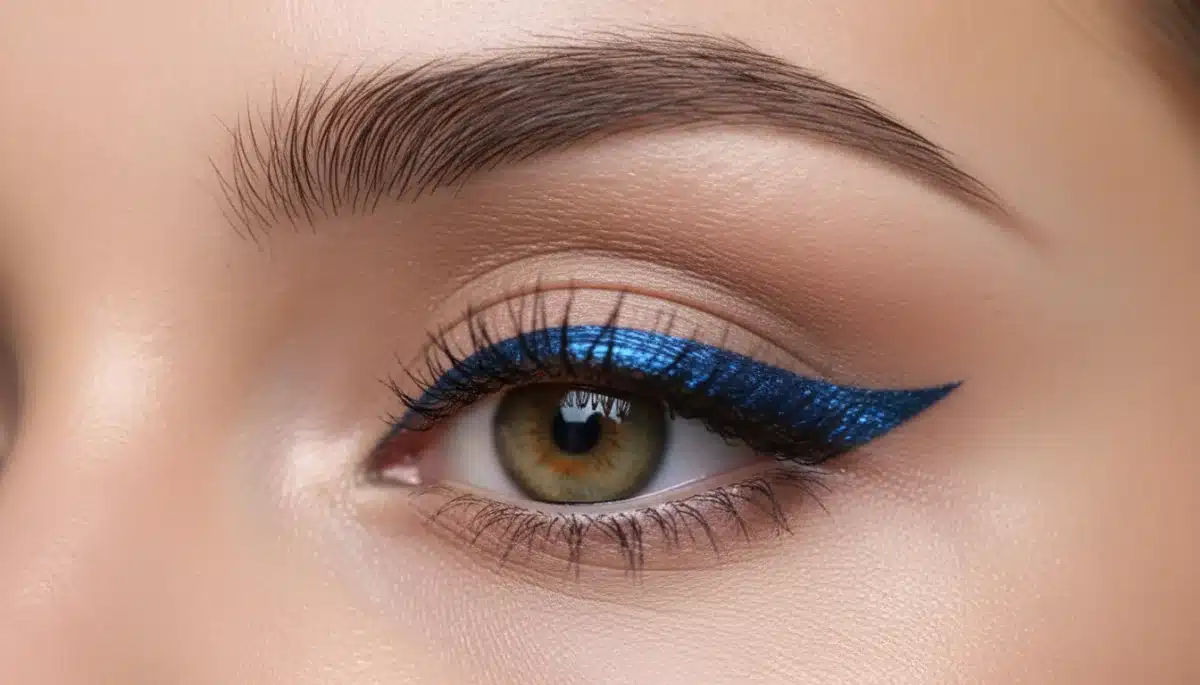 Model's eye with a sharp metallic eyeliner in electric blue, highlighting the metallic edge trend.