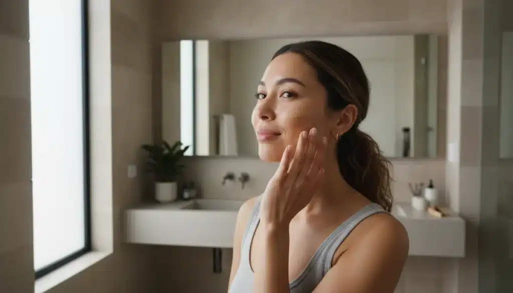 Woman with natural glow makeup applying product