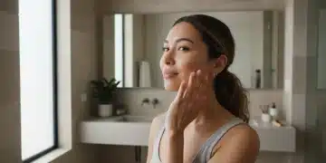 Woman with natural glow makeup applying product