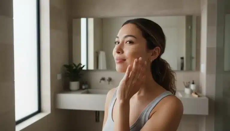 Woman with natural glow makeup applying product