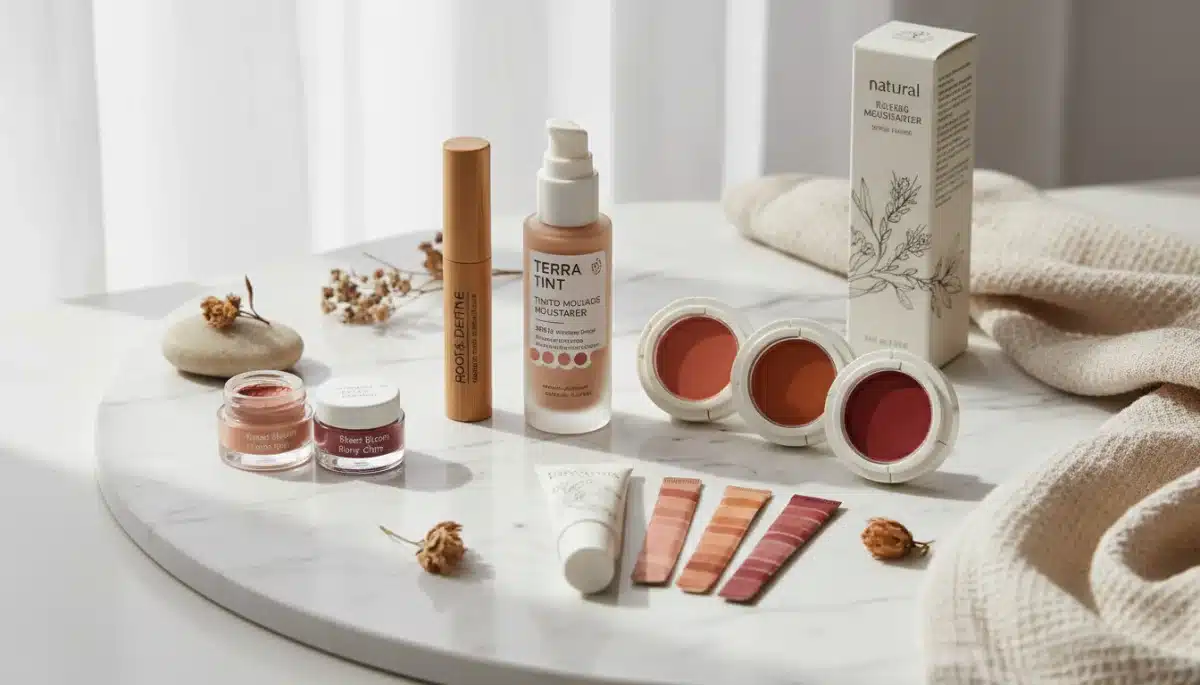 Essential natural glow makeup products display