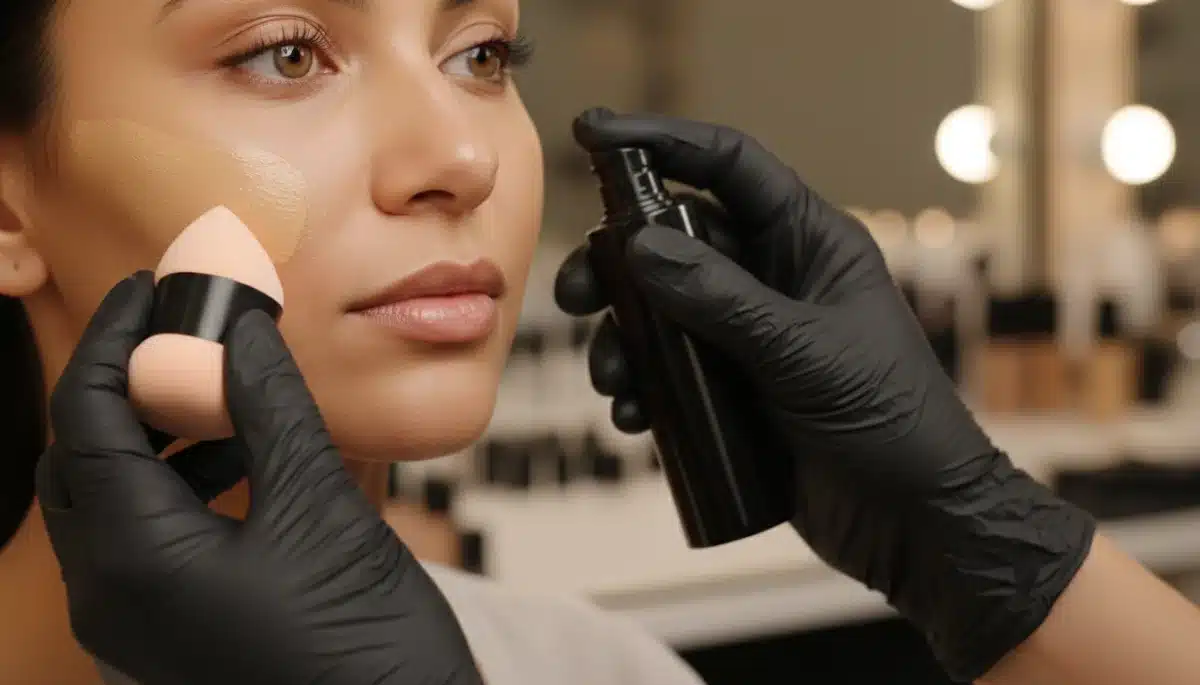 Makeup artist demonstrating foundation application on oily skin.