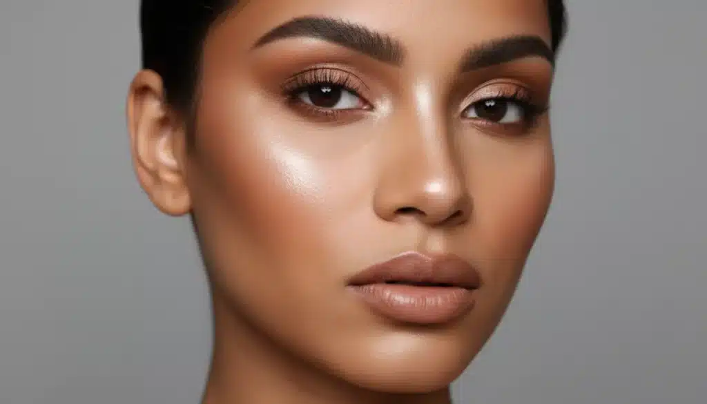 Professional contouring and highlighting on a model's face, showcasing a sculpted and radiant look.