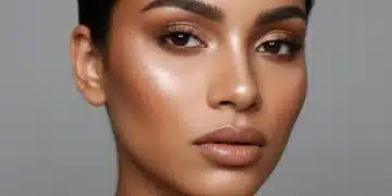 Professional contouring and highlighting on a model's face, showcasing a sculpted and radiant look.