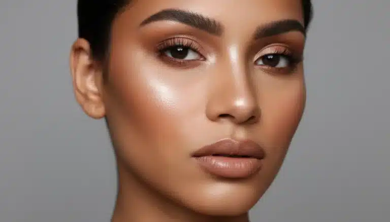 Professional contouring and highlighting on a model's face, showcasing a sculpted and radiant look.